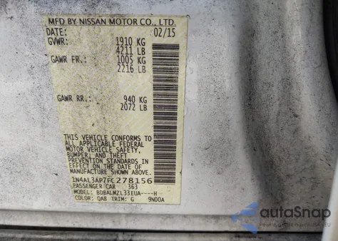 2015 Nissan Altima 2.5 Sv from USA, damaged, VIN 1N4AL3AP7FC278156